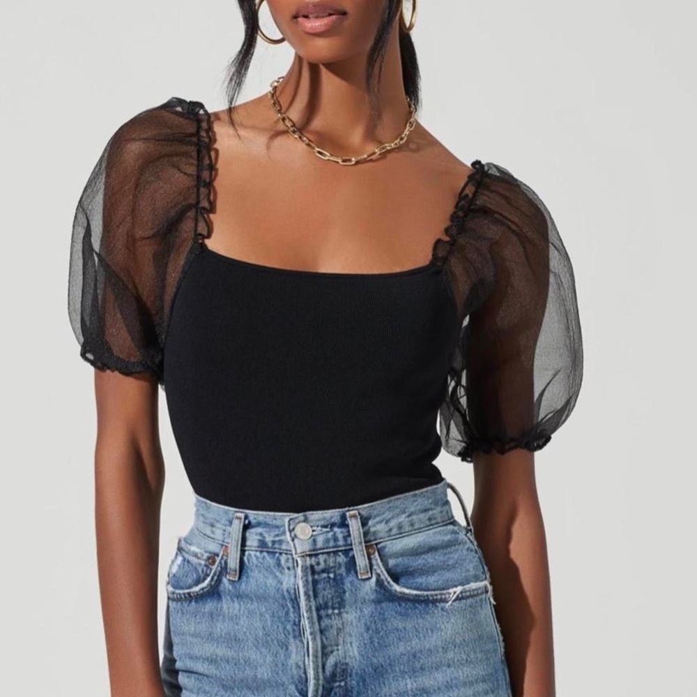 ASTR The Label Darling Knit Bodysuit with Sheer Puff Sleeves